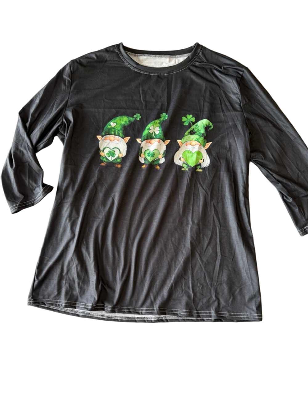 Women's Black Three Gnome Leprecaun Long Sleeve Top Size XL #260349